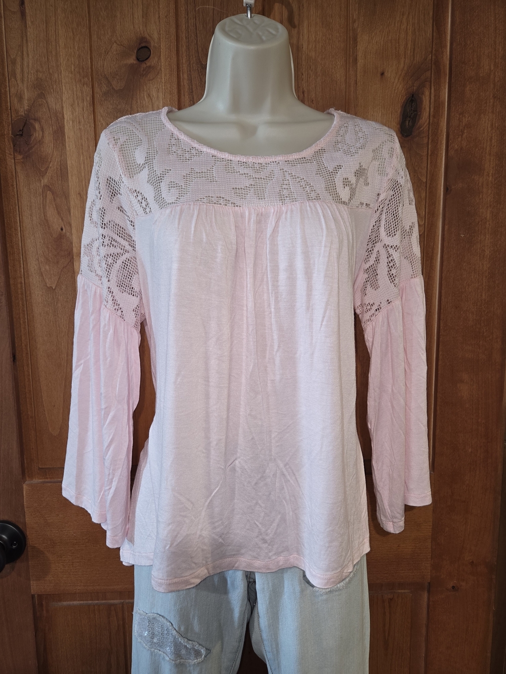 Liz Claiborne Soft Pink Lace Yoke Peasant Blouse